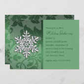Green Damask mit Snowflake Holiday Party Einladung (Vorne/Hinten)