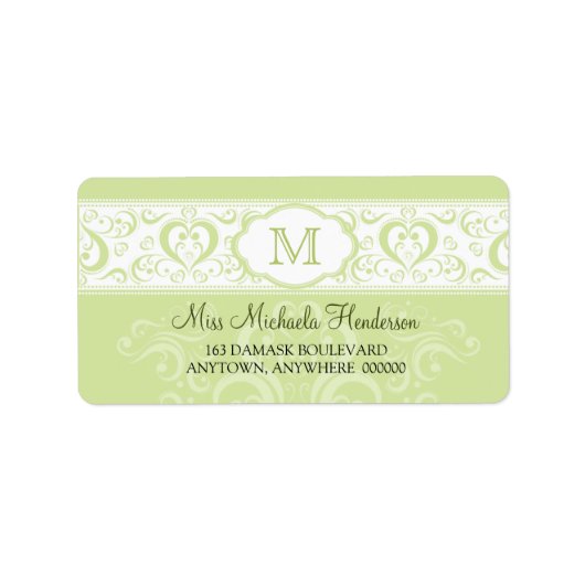Green Damask Monogram-Adresse Adressaufkleber (Vorne)