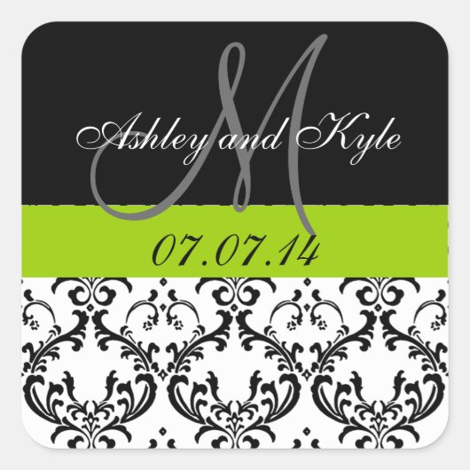 Green Damask Monogram Save the Date Stickers (Vorderseite)