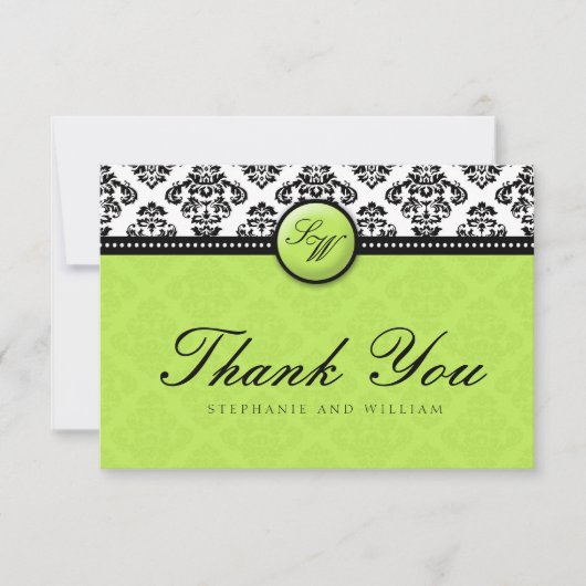 Green Damask Monogram Wedding Danke Card (Vorderseite)