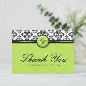 Green Damask Monogram Wedding Danke Card (Stehend Vorderseite)