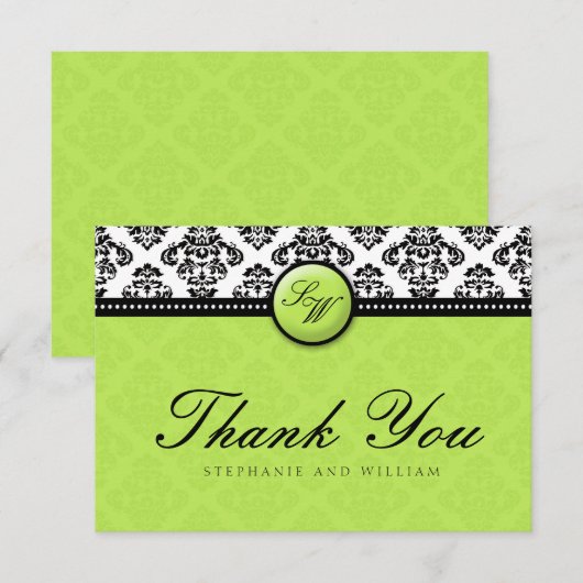 Green Damask Monogram Wedding Danke Card (Vorne/Hinten)