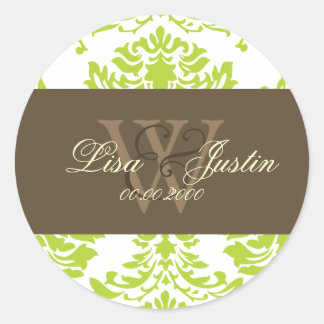 Green Damask Monogramm Hochzeitsticker Runder Aufkleber