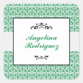 Green Damask Pattern Abschluss Quadratischer Aufkleber (Vorderseite)