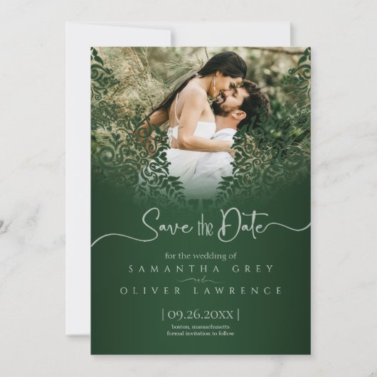 Green Damask Save the Date Card mit benutzerdefini Dankeskarte (Vorderseite)