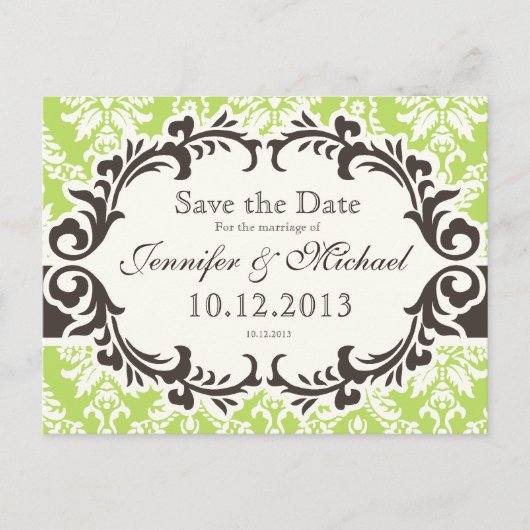 Green Damask Save the Date Postkarte (Vorderseite)