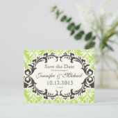Green Damask Save the Date Postkarte (Stehend Vorderseite)