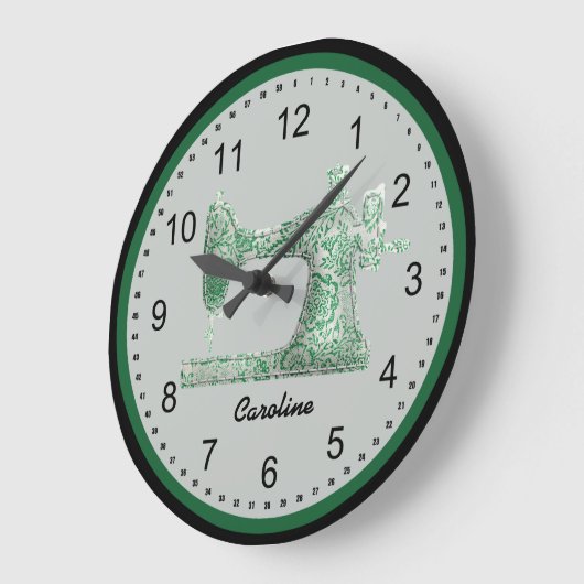 Green Damask Sewing Machine Wall Clock Große Wanduhr (Winkel)