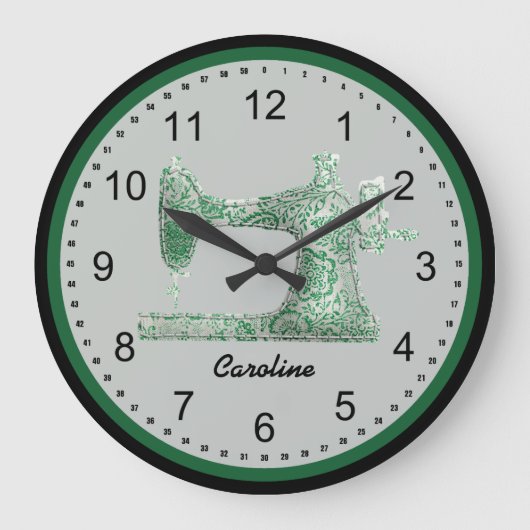 Green Damask Sewing Machine Wall Clock Große Wanduhr (Vorderseite)