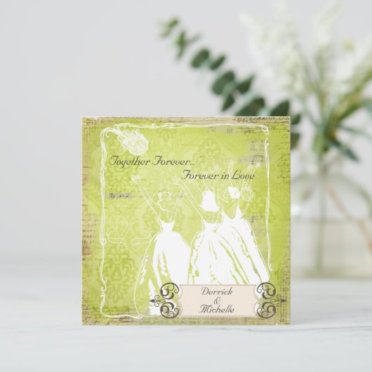 Green Damask Toss the Bouquet Wedite Einladung (Stehend Vorderseite)
