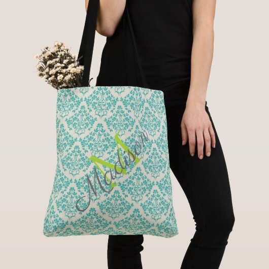 Green Damask Trendy Niedlich Girenname Monogram Tasche (Von Nahem)