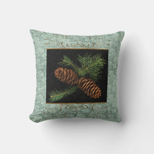Green Damask und Aquarellkiefer Kissen