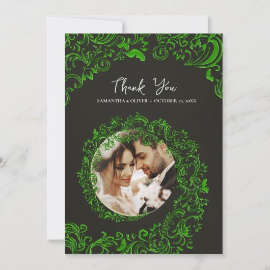 Green Damask Wedding Danke Foto Card (Vorderseite)