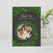 Green Damask Wedding Danke Foto Card (Stehend Vorderseite)