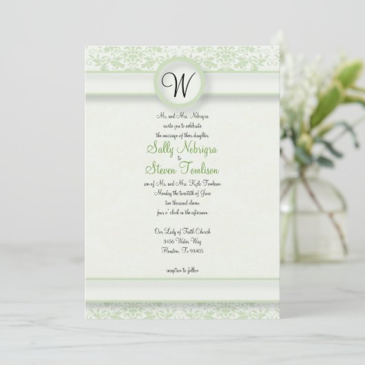 Green Damask Wedding Einladung (Stehend Vorderseite)