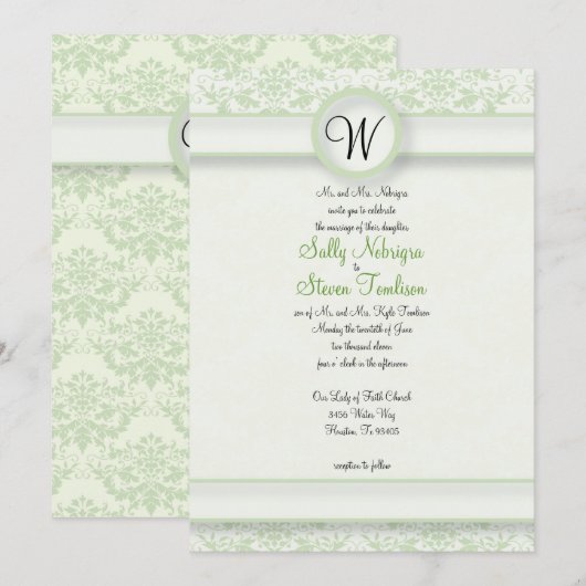 Green Damask Wedding Einladung (Vorne/Hinten)