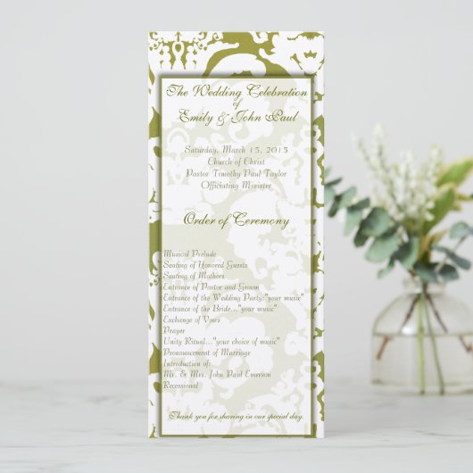 Green Damask Wedding Programm (Stehend Vorderseite)
