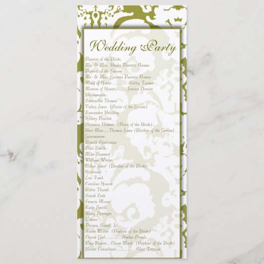 Green Damask Wedding Programm (Rückseite)