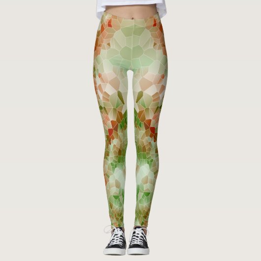 Green & Dark Orange Crystal Geometric Design Leggings (Vorderseite)