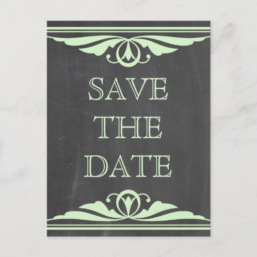 Green Deko Chalkboard Save the Date Postkarte (Vorderseite)