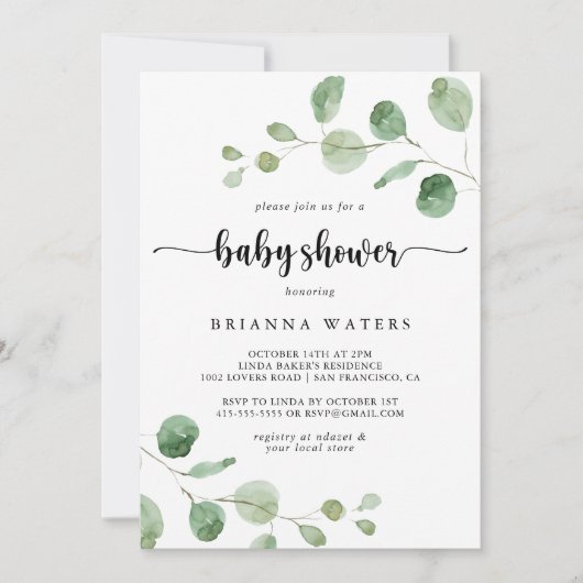 Green Delight Eucalyptus Calligraphy Baby Shower Einladung (Vorderseite)