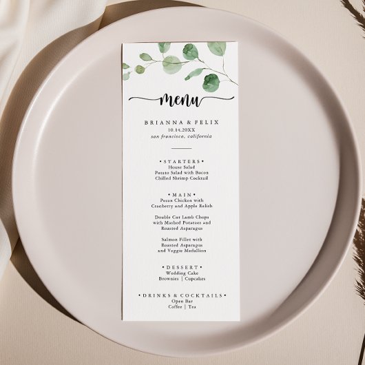 Green Delight Eukalyptus Calligraphy Dinner Menu Menükarte