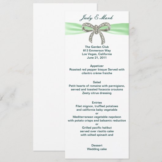 Green Diamond Bow Wedding Menu Card Menükarte (Vorne/Hinten)