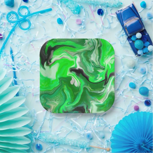 Green Digital Fluid Marble Art Pappteller (Party)