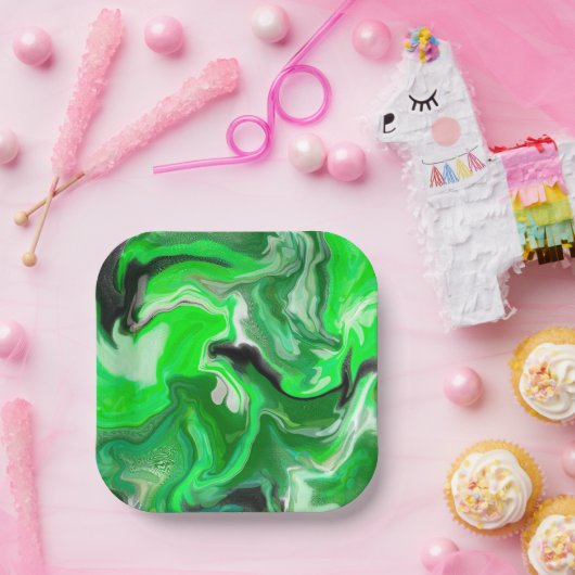 Green Digital Fluid Marble Art Pappteller (Party)