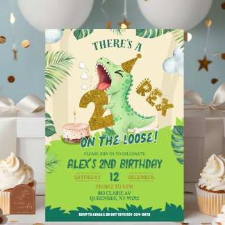 Green Dino Theme Two Rex On The Loose 2nd Birthday Einladung