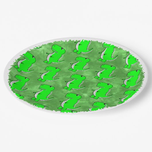 Green Dino Watercolor Kinderdusche Pappteller (Schrägansicht)