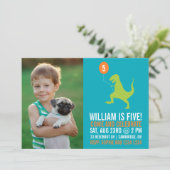 Green Dinosaur & Balloon Foto Einladung zum Geburt (Stehend Vorderseite)