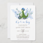Green Dinosaur Blue Foliage Trike Boy Baby Dusche Einladung (Vorderseite)