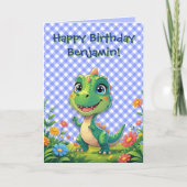 Green Dinosaur Blue Gingham Birthday Card Karte (Vorderseite)