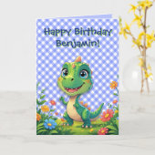 Green Dinosaur Blue Gingham Birthday Card Karte (Gelbe Blume)