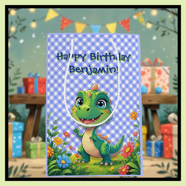 Green Dinosaur Blue Gingham Birthday Present Mittlere Geschenktüte