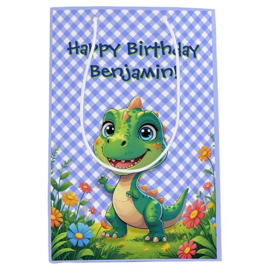 Green Dinosaur Blue Gingham Birthday Present Mittlere Geschenktüte (Vorderseite)