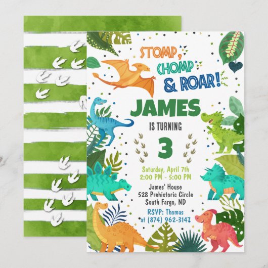 Green Dinosaur Boy Einladung (Vorne/Hinten)