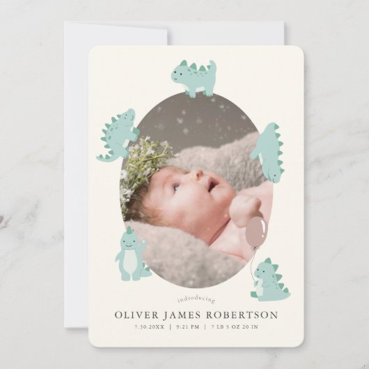 Green Dinosaur Boy Foto Geburtsankündigung Einladung (Vorderseite)
