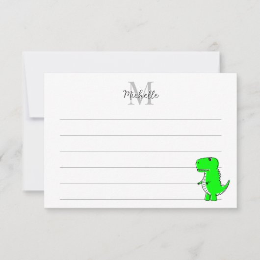 Green Dinosaur Drawing Custom Lined Monogram Mitteilungskarte (Vorderseite)