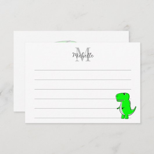 Green Dinosaur Drawing Custom Lined Monogram Mitteilungskarte (Vorne/Hinten)