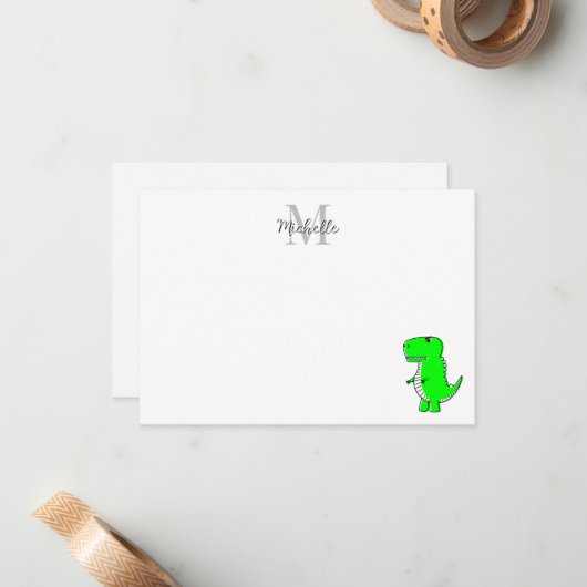 Green Dinosaur Drawing Personalized Monogram Mitteilungskarte (Vorderseite/Rückseite Beispiel)