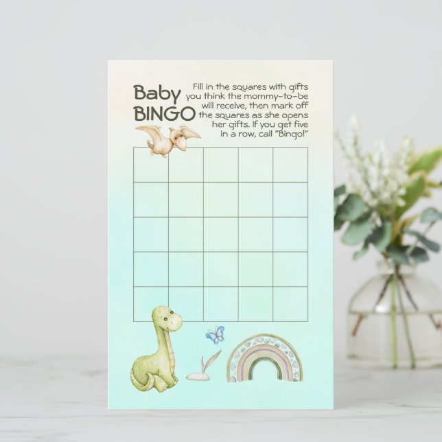 Green Dinosaur Rainbow Baby Shower Baby Bingo Game (Stehend Vorderseite)