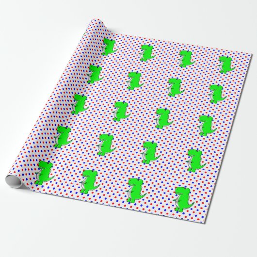 Green Dinosaur Red Blue Polka Dots Wrapping Paper Geschenkpapier (Ungerollt)