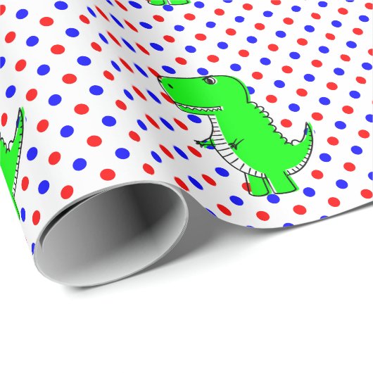 Green Dinosaur Red Blue Polka Dots Wrapping Paper Geschenkpapier (Rolleneckpunkt)