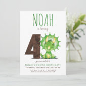 Green Dinosaur Vierte Geburtstagseinladung Einladung (Stehend Vorderseite)