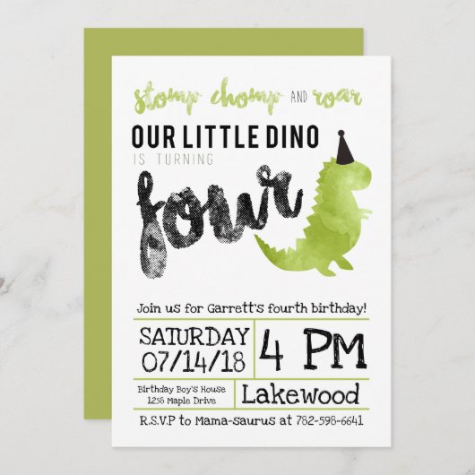 Green Dinosaurier Stomp und Chomp Vierte Geburtsta Einladung (Vorne/Hinten)