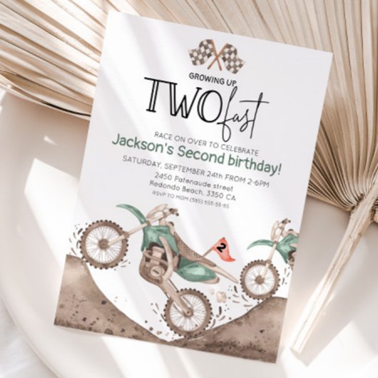 Green Dirt Bike 2nd birthday - Growing up two fast Einladung