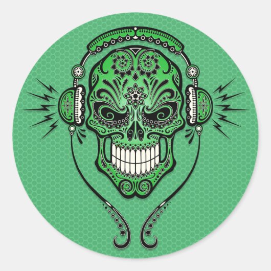Green DJ Sugar Skull Runder Aufkleber (Vorderseite)