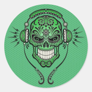 Green DJ Sugar Skull Runder Aufkleber